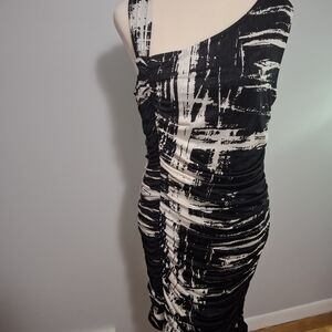 Roulette Abstract One Shoulder Dress in Black and Cream